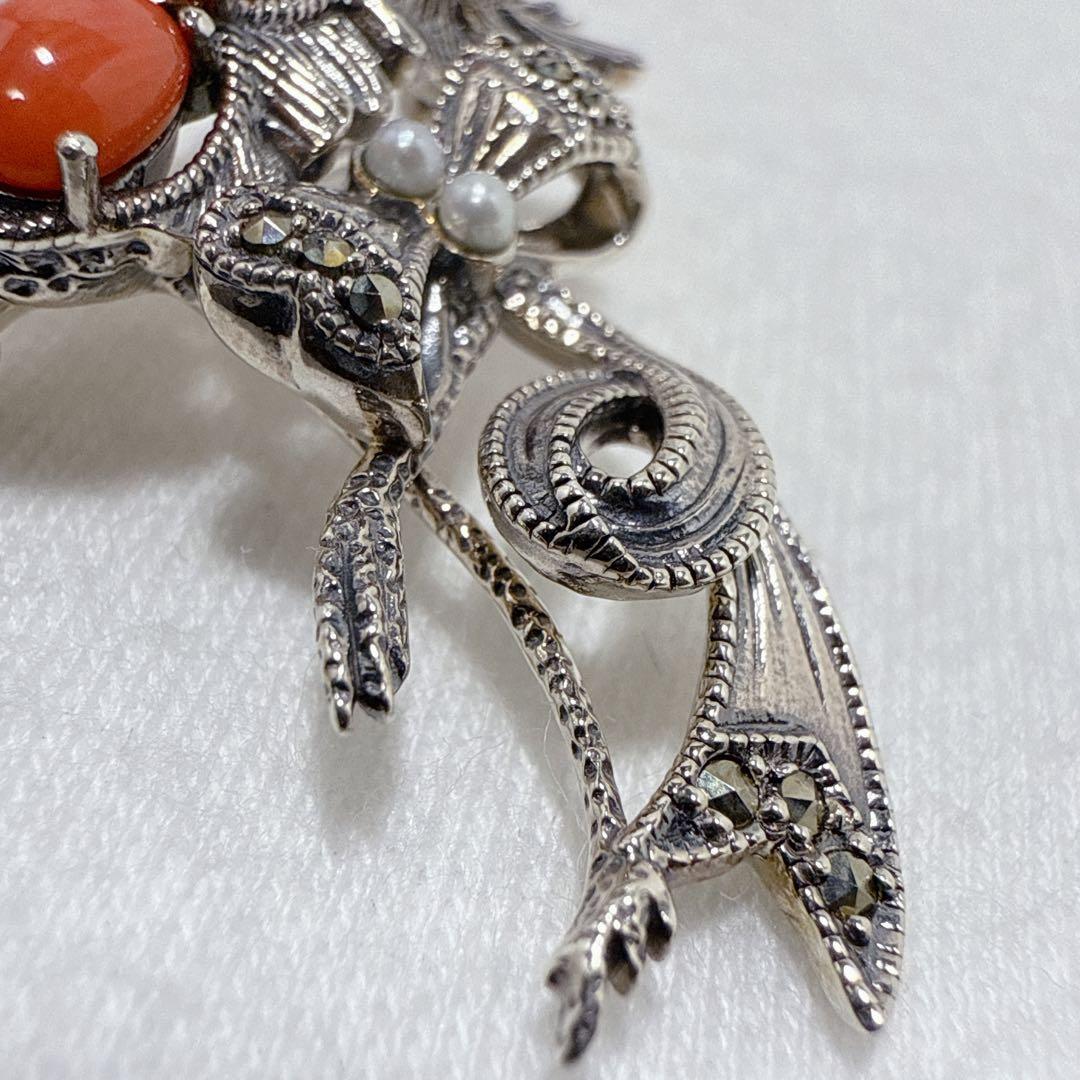 碌山 ロクザン SILVER925 珊瑚 コーラル フラミンゴ ブローチ