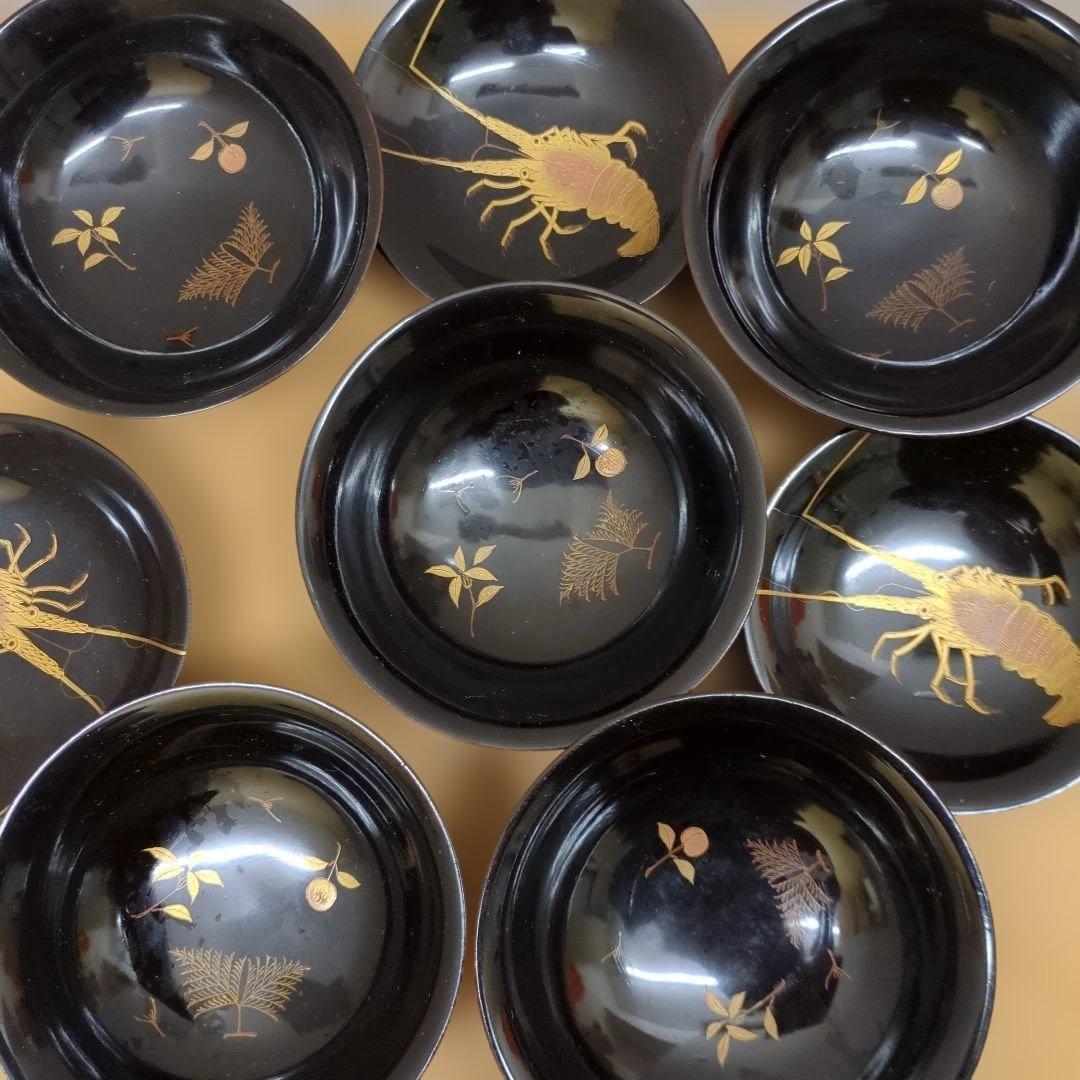 骨董　蓋付き椀　お椀　大振り　蒔絵　海老　若松　南天　木製　漆器　5つ〜