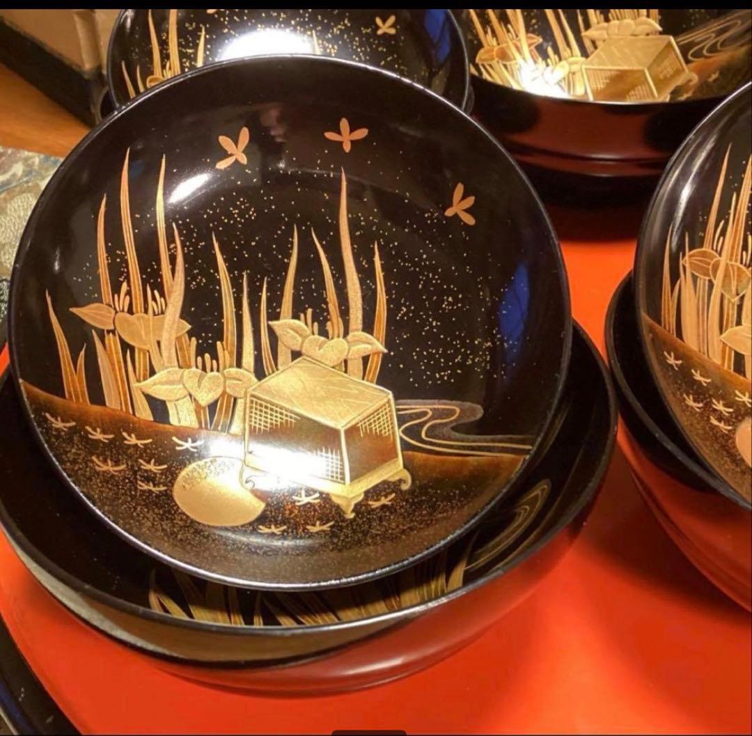 A1061 木製輪島塗　懐石道具　衝羽根に流水菖蒲　蒔絵　2客