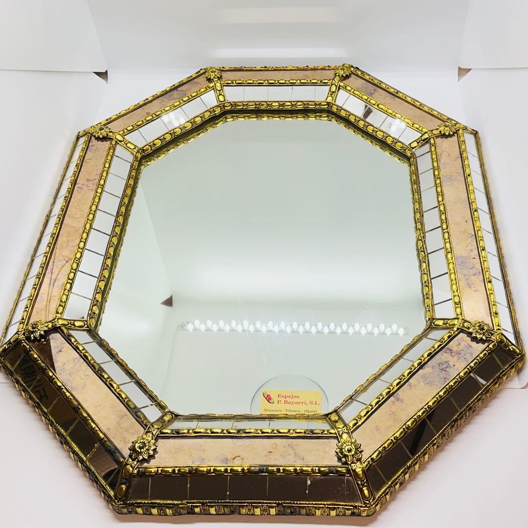 スペイン製 アンティーク 八角形 鏡 ミラー 金属枠 壁掛け ヴィンテージ 装飾
