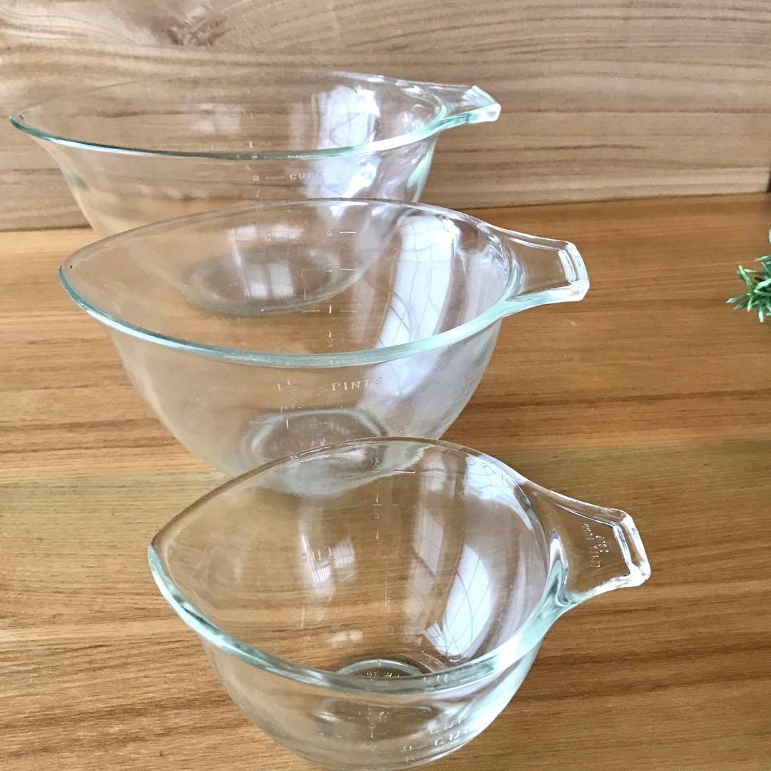 オールドパイレックス　ガラス製ボール ティアドロップ 3点セット