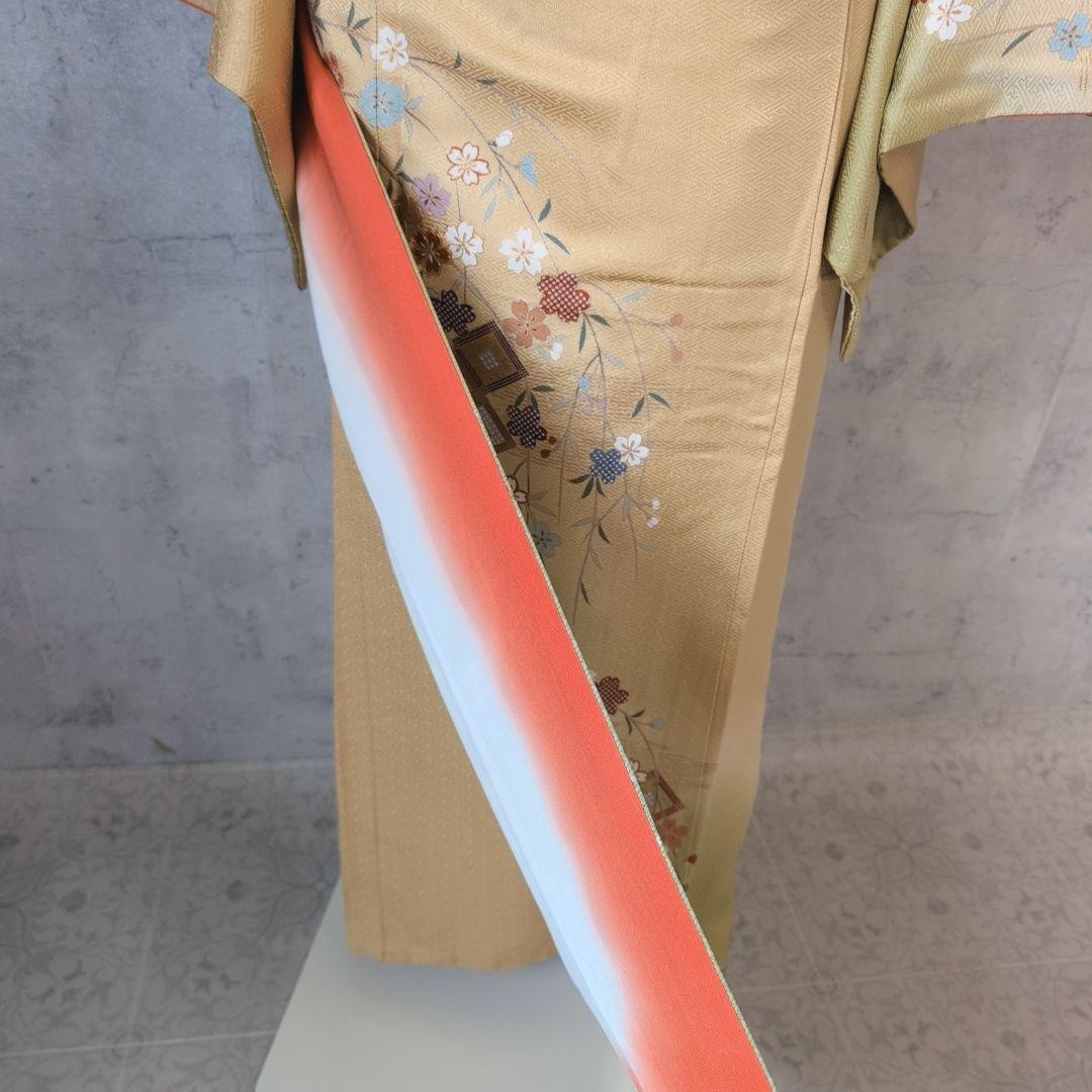 訪問着＋長襦袢　フルセット　着物　正絹　黄金色　比翼仕立て　花　金駒刺繍　O8