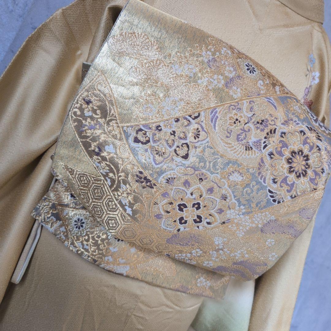 訪問着＋長襦袢　フルセット　着物　正絹　黄金色　比翼仕立て　花　金駒刺繍　O8