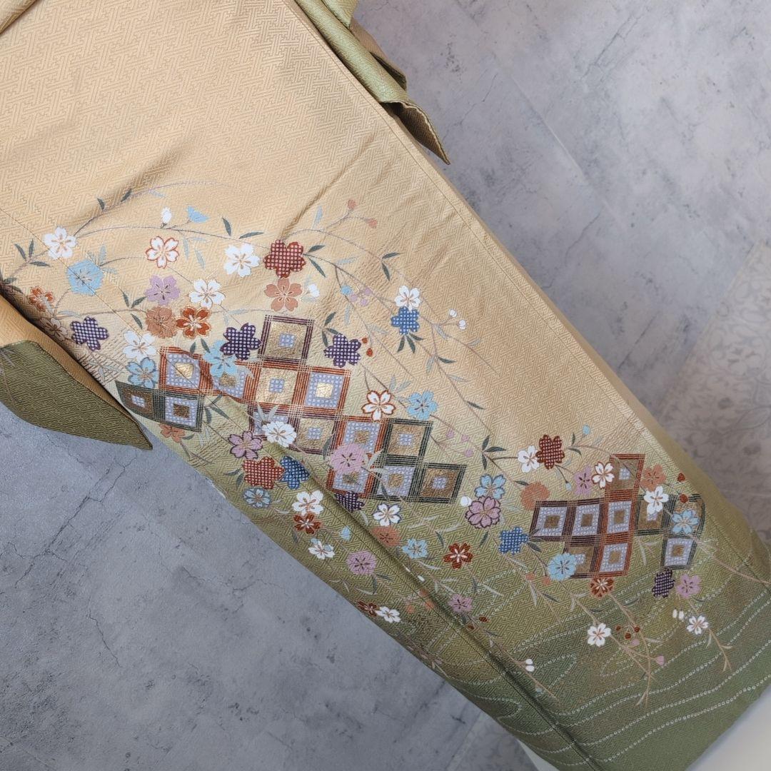 訪問着＋長襦袢　フルセット　着物　正絹　黄金色　比翼仕立て　花　金駒刺繍　O8