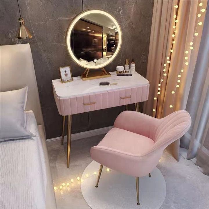 オシャレドレッサー　大理石柄×ベロア生地コスメデスク100cm3段調整可