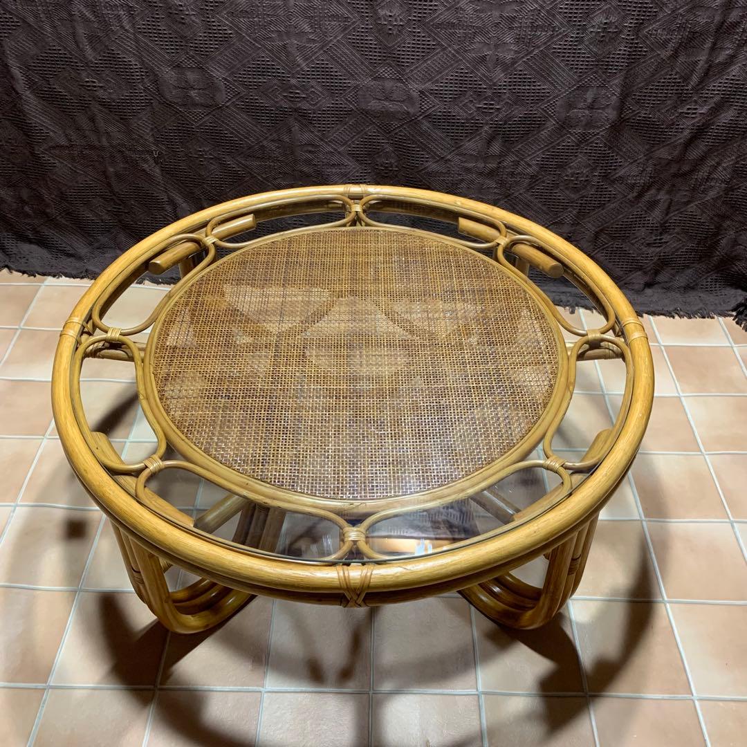 【美品】ラタン 籐 ガラステーブル アジアン 籐 円卓 ヴィンテージ レトロ