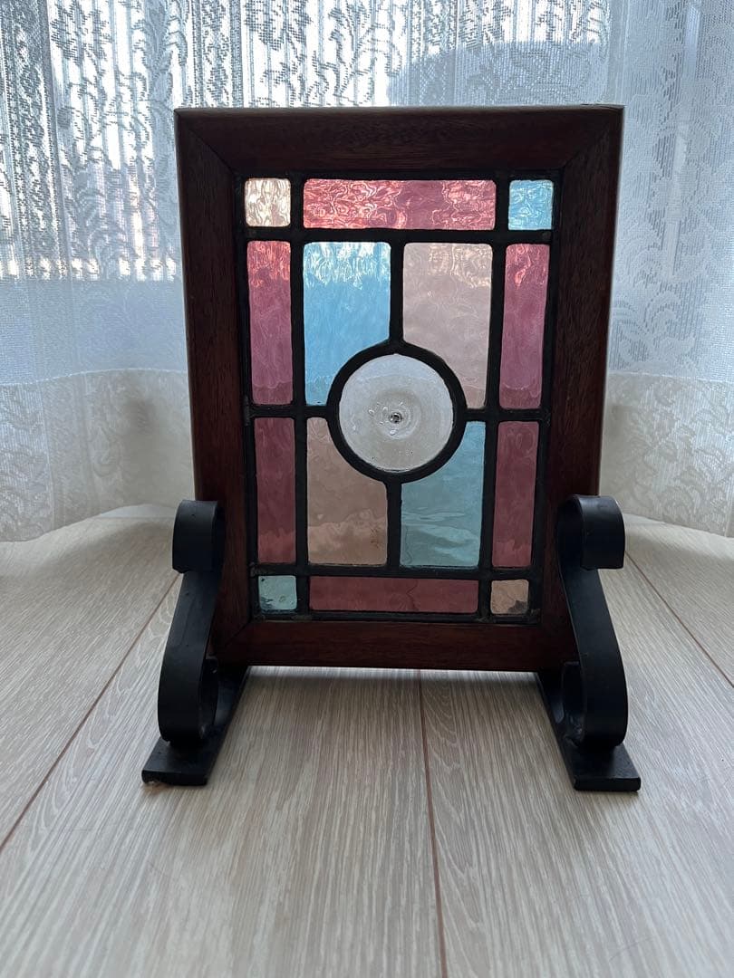 英国アンティーク　ステンドグラスパネル　ヴィクトリアン　木枠仕上げ