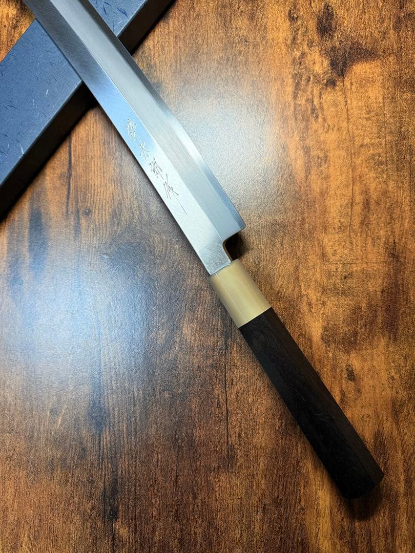 【堺打刃物】祥太郎作　刺身 切付 尺三寸　銀三鋼　鬼反り 包丁黒檀銀巻八角水牛柄