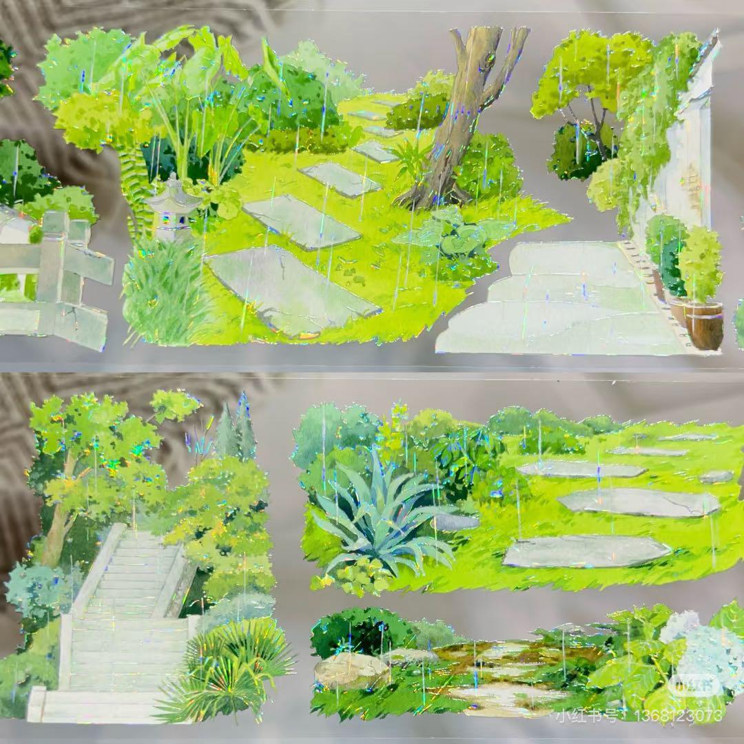 【8716】海外　マステ　3/5/巻売り　貝殻光マスキングテープ　雨　公園　道路