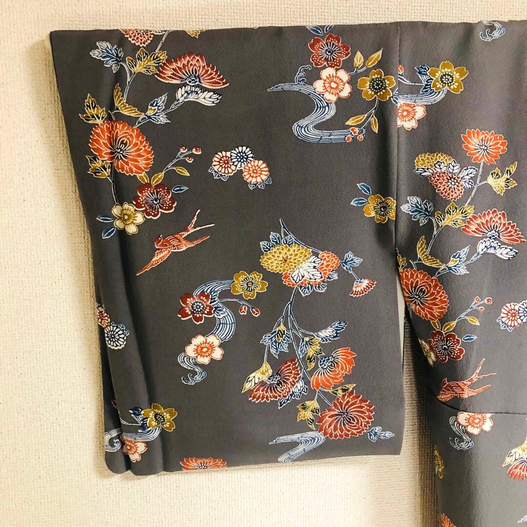 【お値打　トールサイズ】小紋　型絵染　縮緬　燕　正絹　袷　裄丈71 身丈172