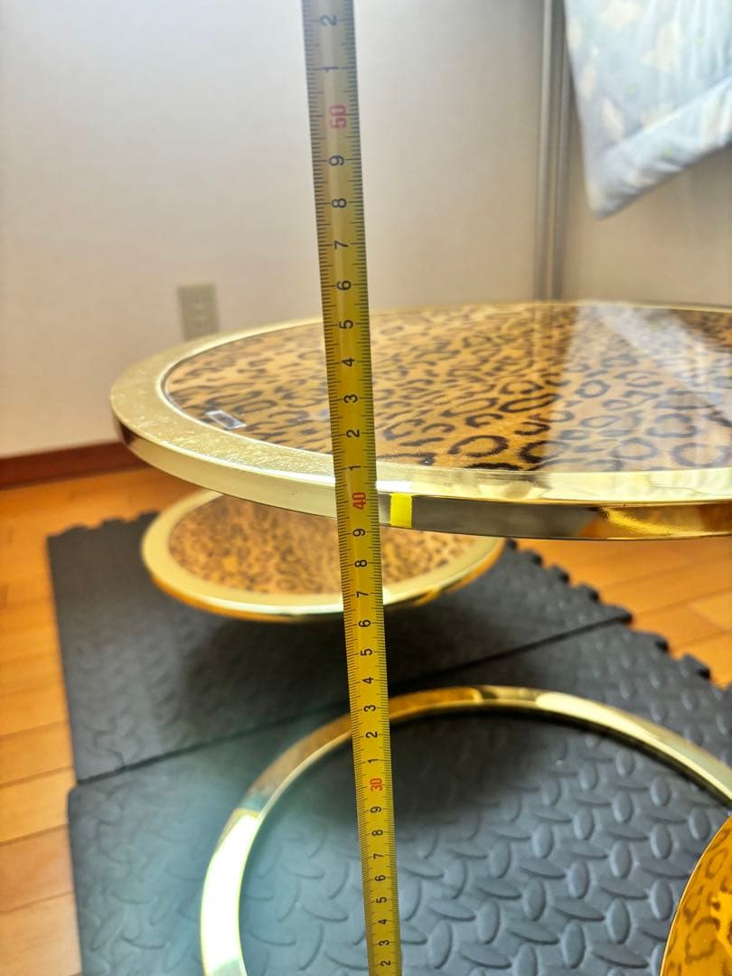 円形スライドテーブル　サイドテーブル　豹柄　ガラステーブル　ラウンドテーブル