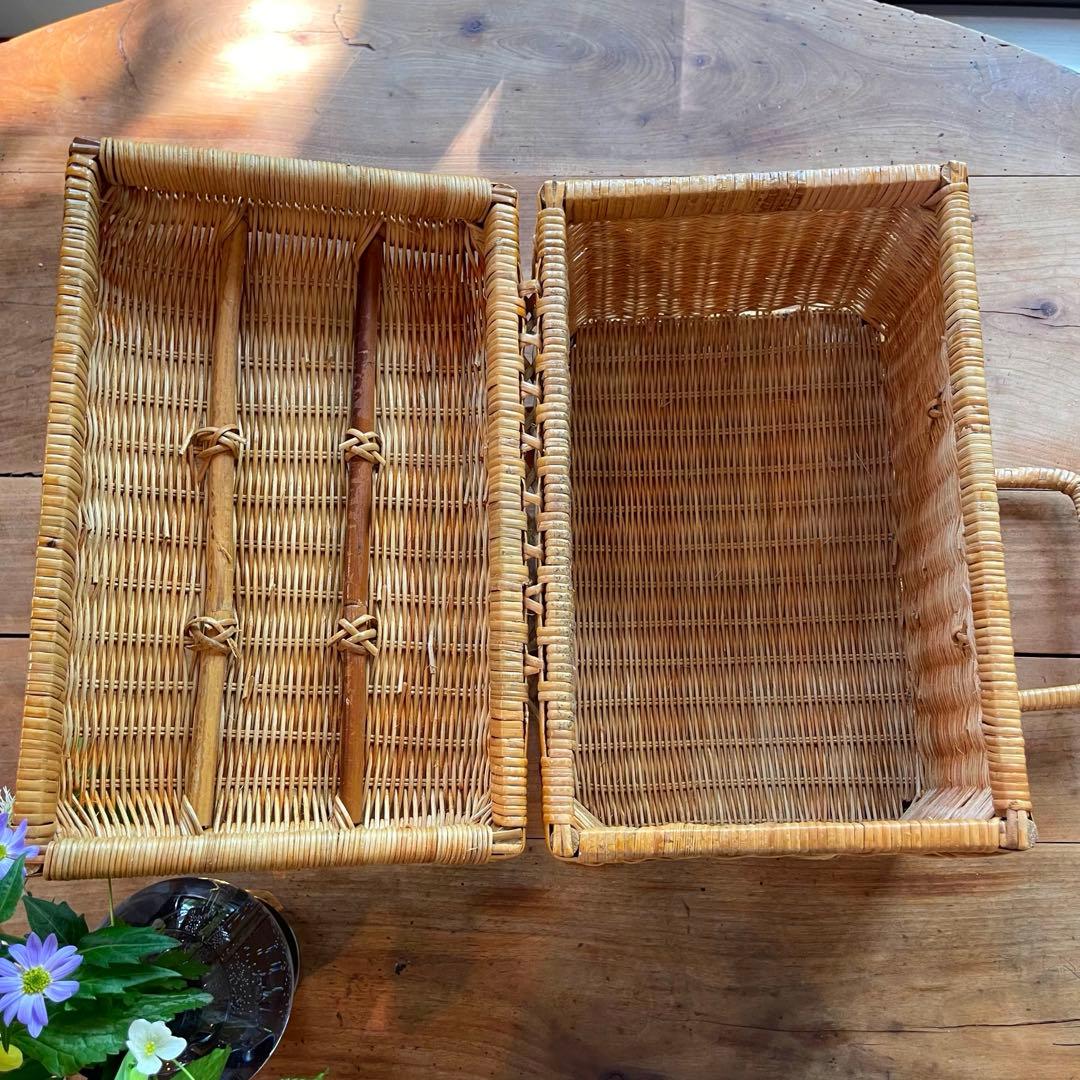 ラタン　アンティーク　ビンテージ　ピクニックバスケット　蓋付きバスケット