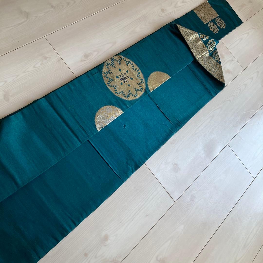 アンティーク名古屋帯　青緑　龍と花模様の織り出し　正絹　大正ロマン　N7-20