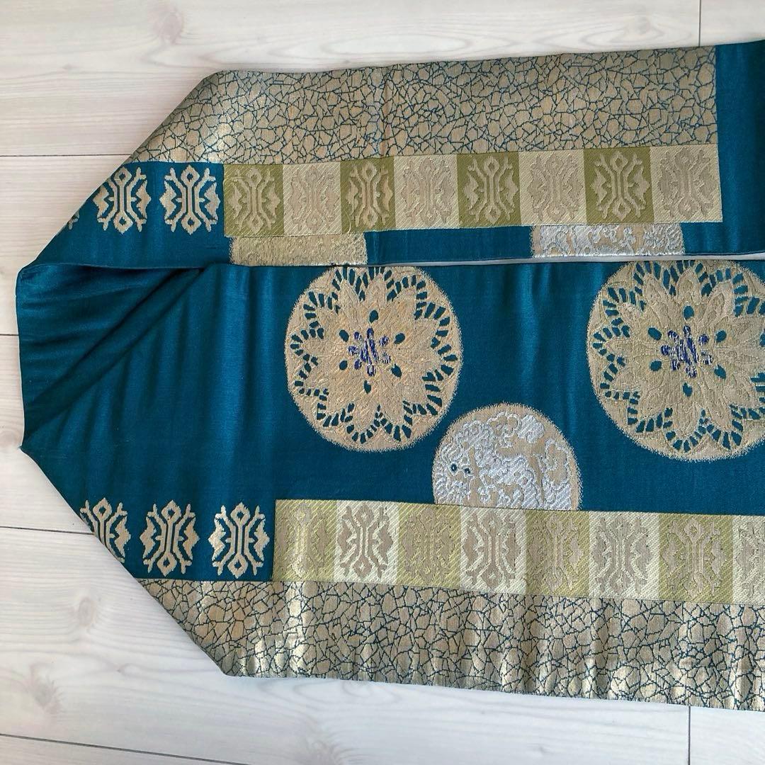 アンティーク名古屋帯　青緑　龍と花模様の織り出し　正絹　大正ロマン　N7-20