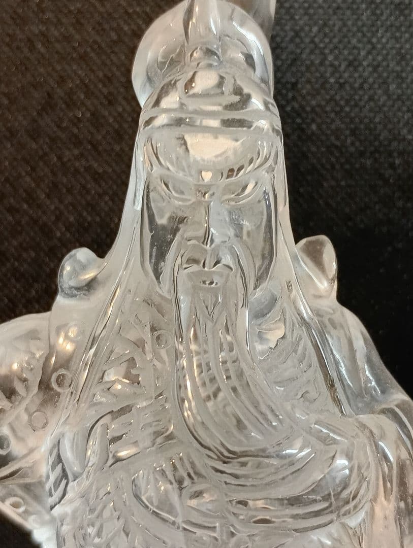 美品 関羽公 天然本水晶 手彫彫刻 像 財神 商業神 武神 軍神 高透明度 置物