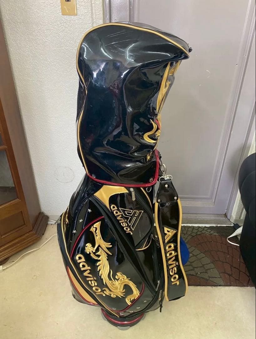 advisor ロゴ入 龍デザイン エナメルキャディバッグ 黒金 中古