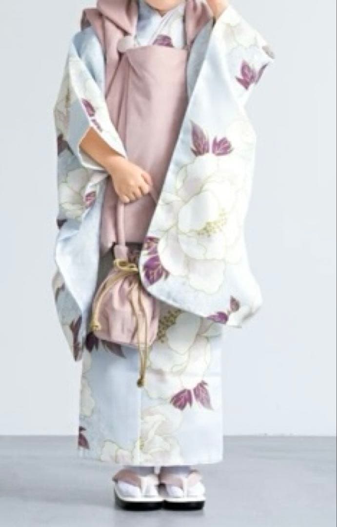 七五三 ３歳女の子 レース被布着物長襦袢草履バッグセットくすみカラー水色白ピンク