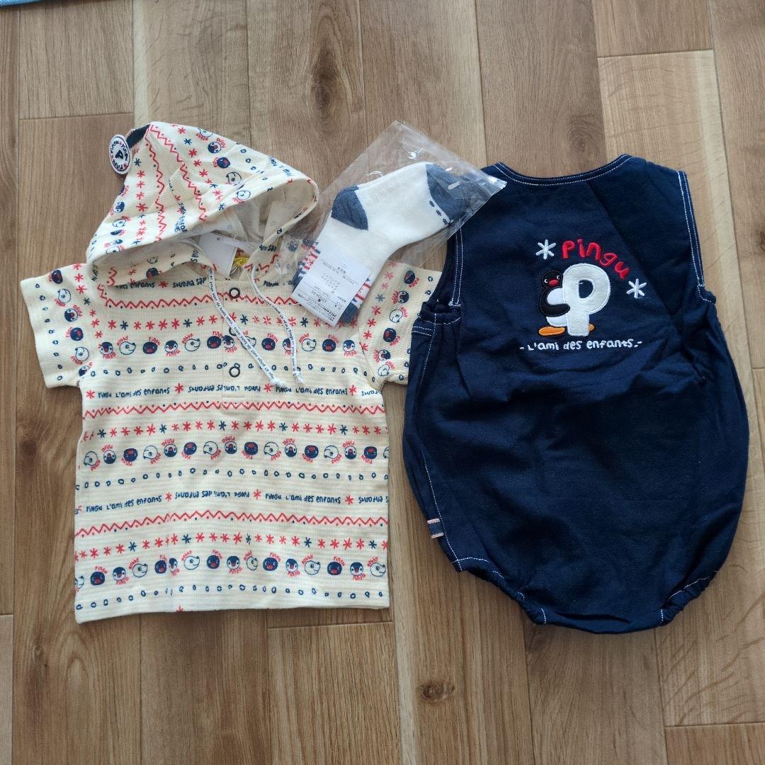 90サイズ　ピングー＆ピンガ ＆ロビフード付きシャツ・デニムカバーオール・靴下