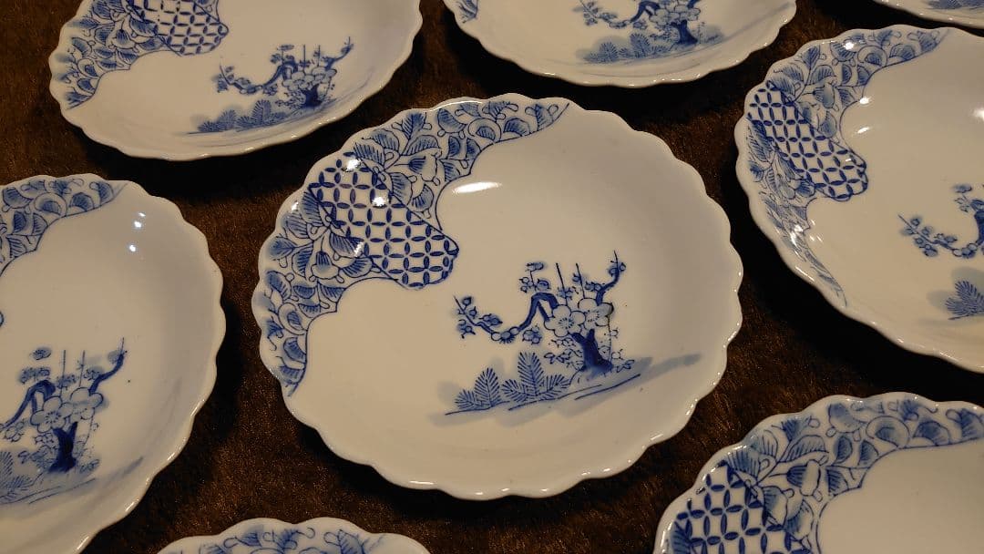 古伊万里　伊万里　染付　豆皿　菓子皿　華の図　小紋　１０客