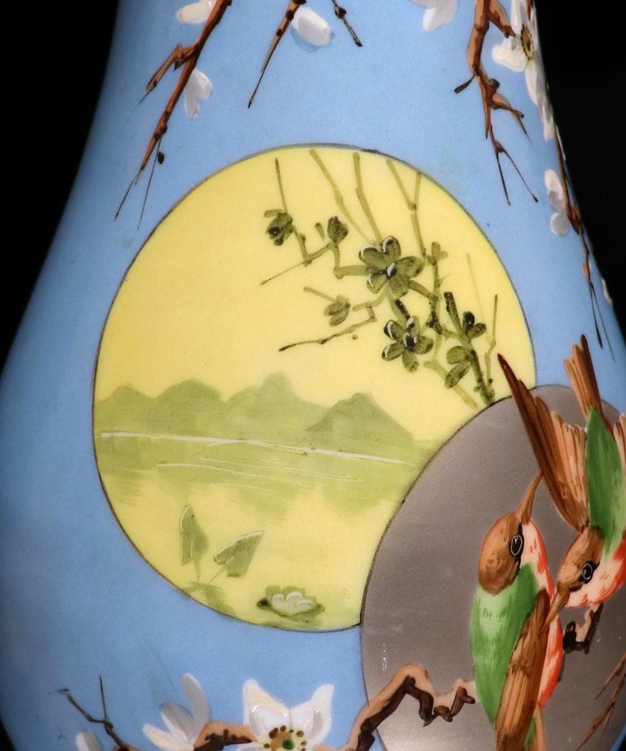 オールド・バカラ 淡青色 大型オパーリンクリスタル製手彩色日本趣味花鳥図飾壷花瓶