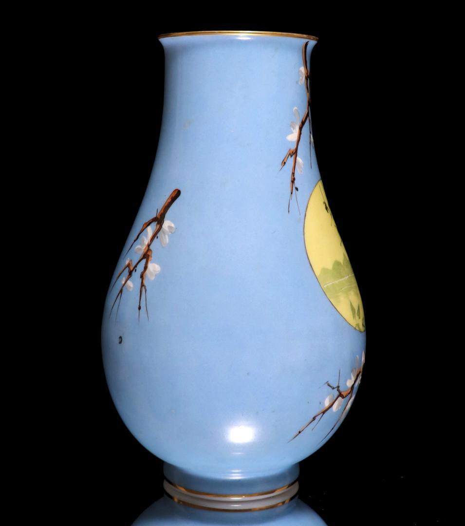 オールド・バカラ 淡青色 大型オパーリンクリスタル製手彩色日本趣味花鳥図飾壷花瓶