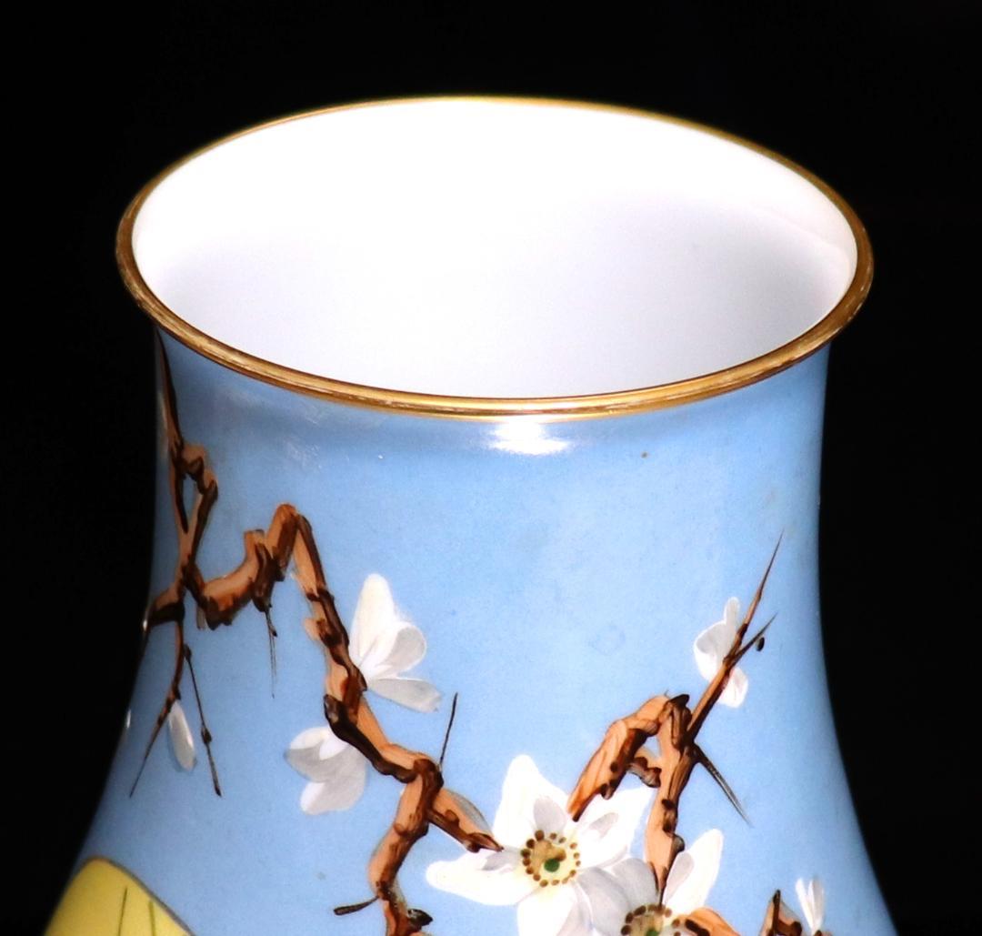 オールド・バカラ 淡青色 大型オパーリンクリスタル製手彩色日本趣味花鳥図飾壷花瓶