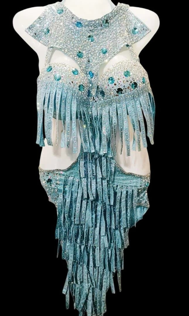 【新品Sale】エジプト製ベリーダンス セットアップ 水色 フリンジ