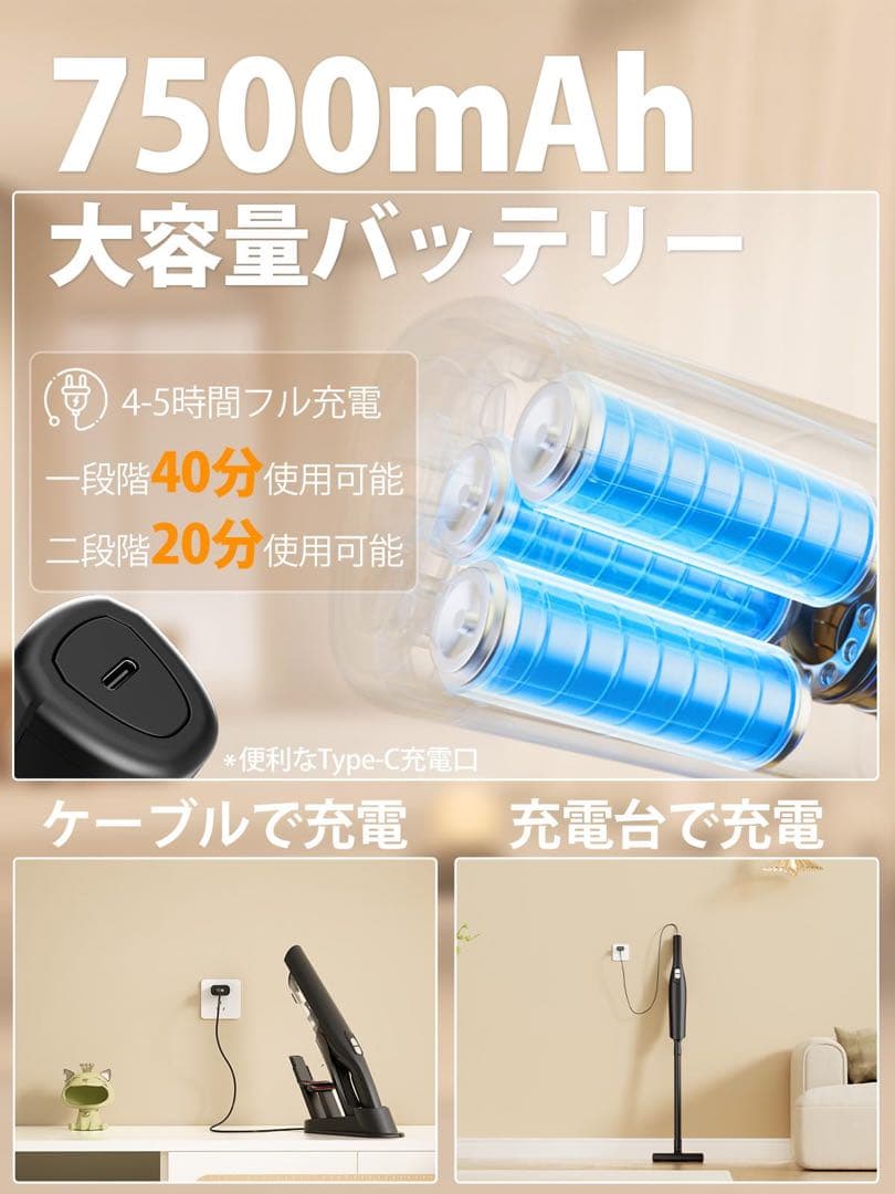 掃除機 コードレス 超強力吸引 ハンディスティック 超軽量 2way ブラック