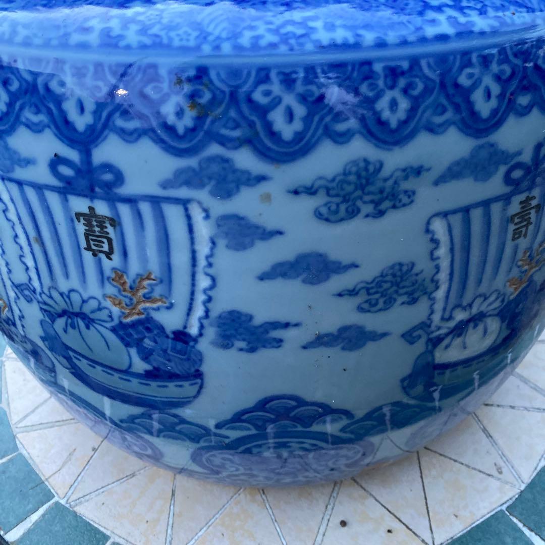 瀬戸火鉢　有田　宝船　宝舟　直径44cm ×高さ31cm 骨董　在銘