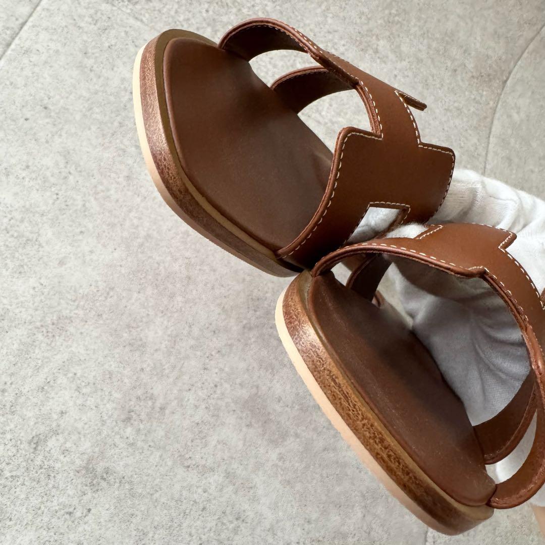 エルメス　オラン　サンダル　ロゴ　 ブラウン　茶色　34　レザー　極美品