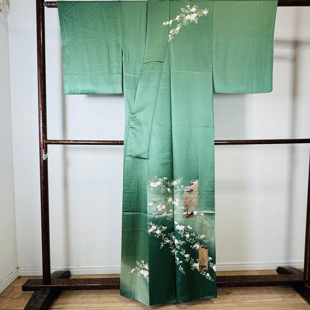 超美品　正絹　袷　現代　広襟　訪問着　着物　紋無し　161㎝　緑　光沢　金彩