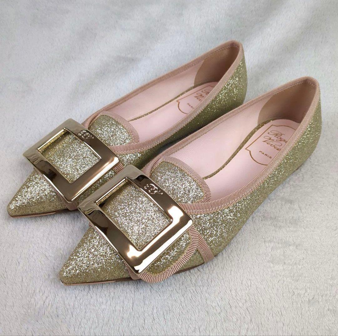 ロジェヴィヴィエ フラットシューズ スクエアバックル ゴールド サイズ35