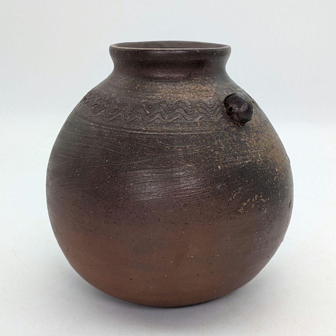 岡山県重要無形文化財 伊勢崎満 備前焼 耳付扁壺花生 共箱 花器 フラワーベース