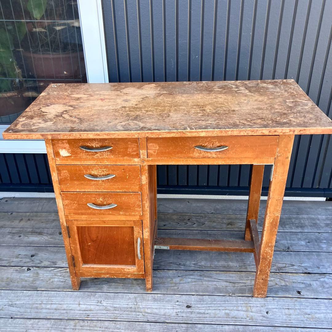 昭和レトロ 古家具 木製 片袖 書斎机 勉強机 文机 古道具 ヴィンテージ