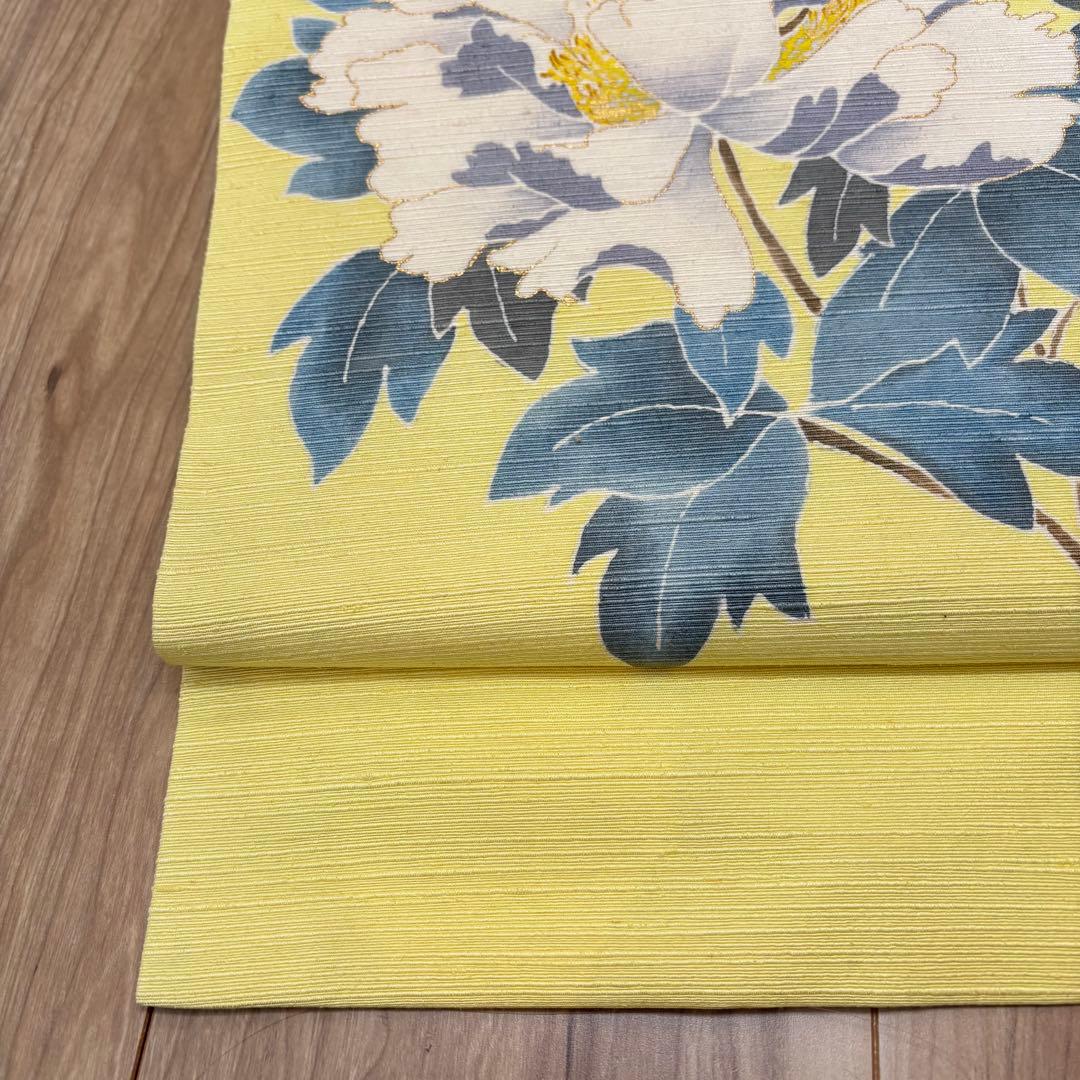 未使用　正絹　現代　名古屋帯　着物　和装　レモンイエロー　薄黄色　牡丹　364