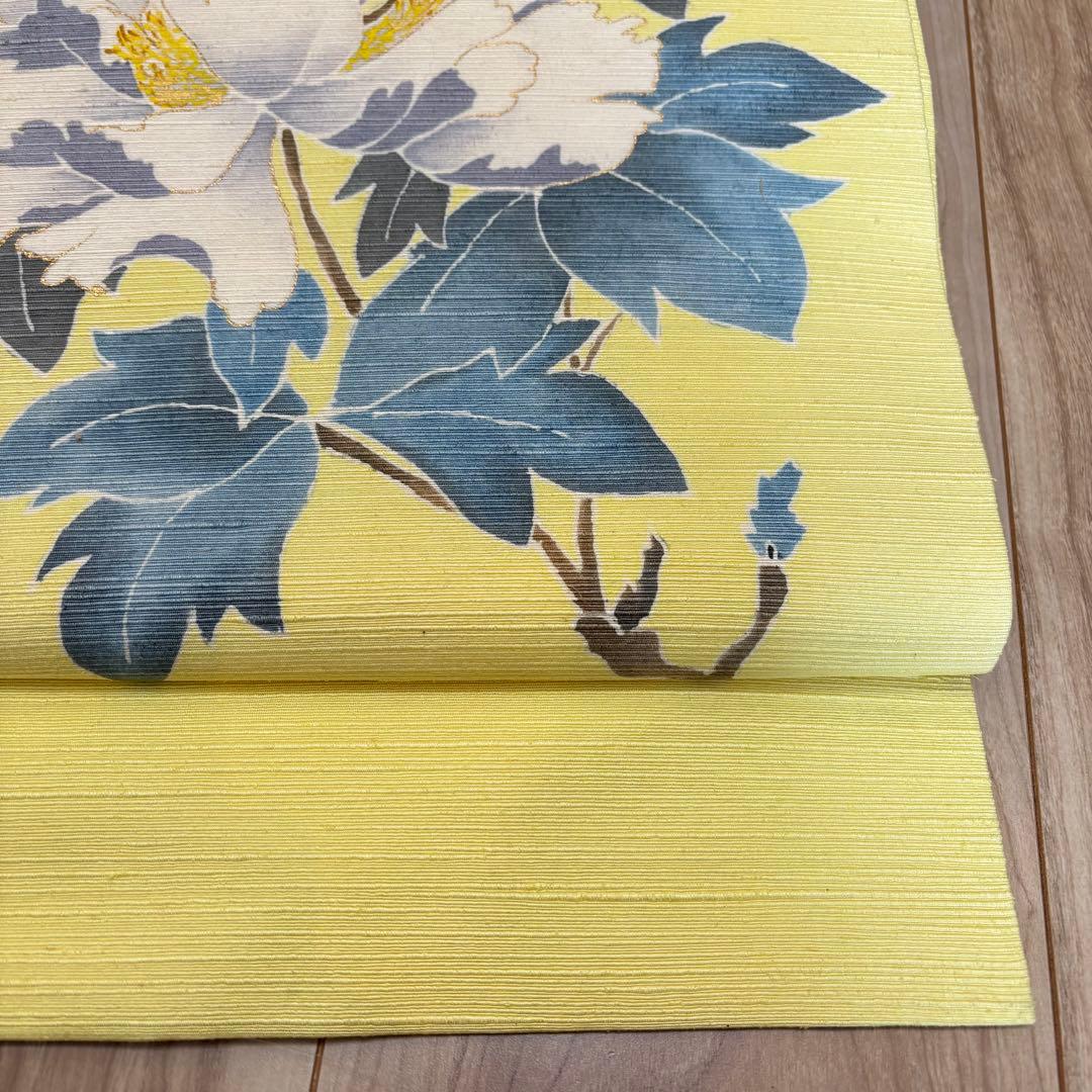 未使用　正絹　現代　名古屋帯　着物　和装　レモンイエロー　薄黄色　牡丹　364