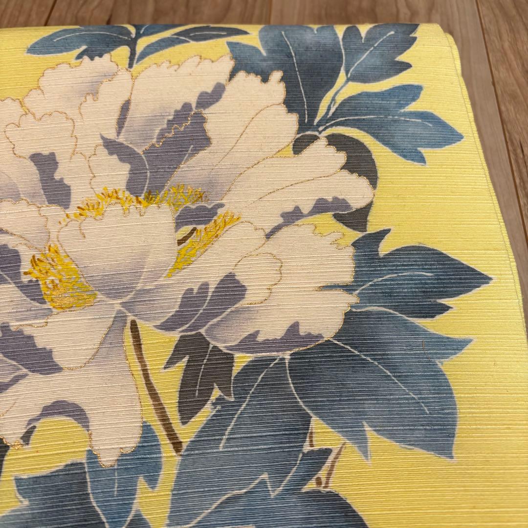 未使用　正絹　現代　名古屋帯　着物　和装　レモンイエロー　薄黄色　牡丹　364