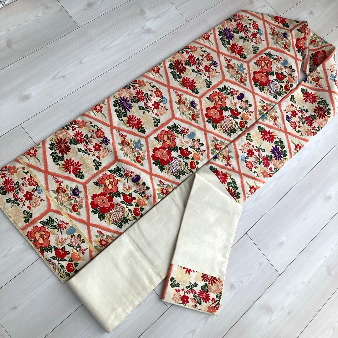 アンティーク名古屋帯　織り出し花模様　アイボリー　正絹　大正ロマンNo.28