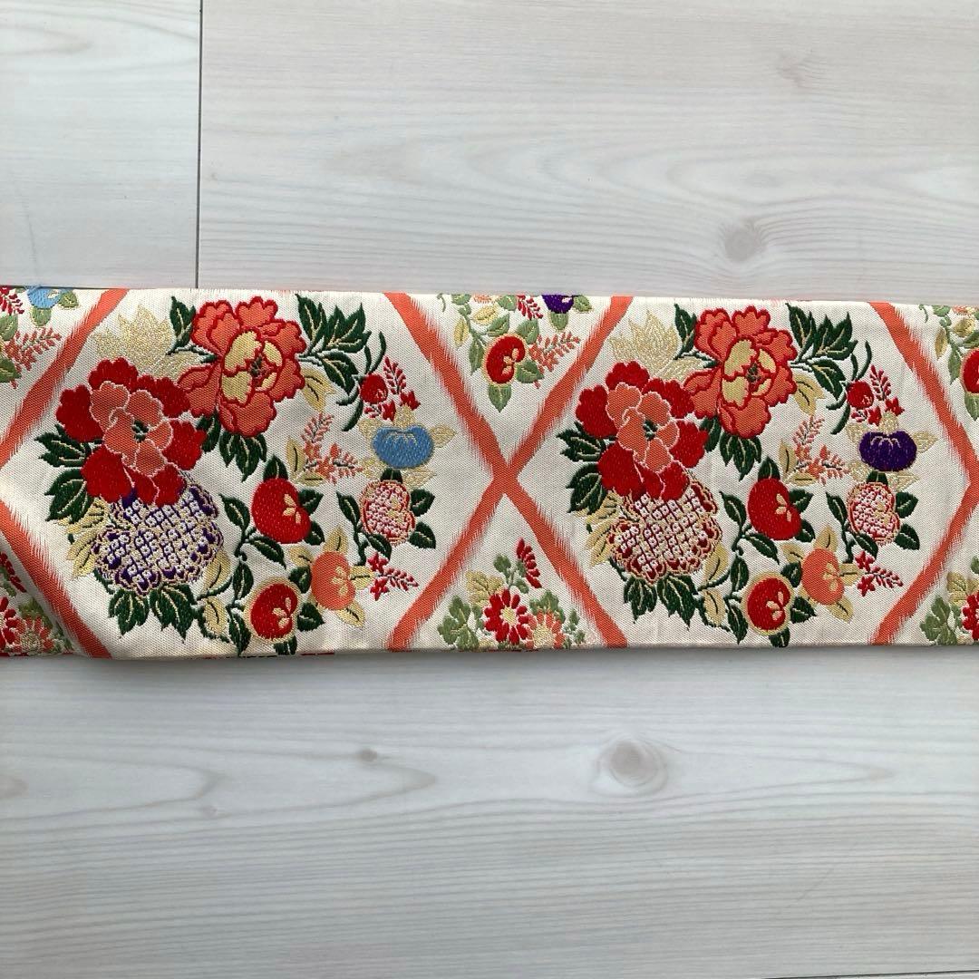 アンティーク名古屋帯　織り出し花模様　アイボリー　正絹　大正ロマンNo.28