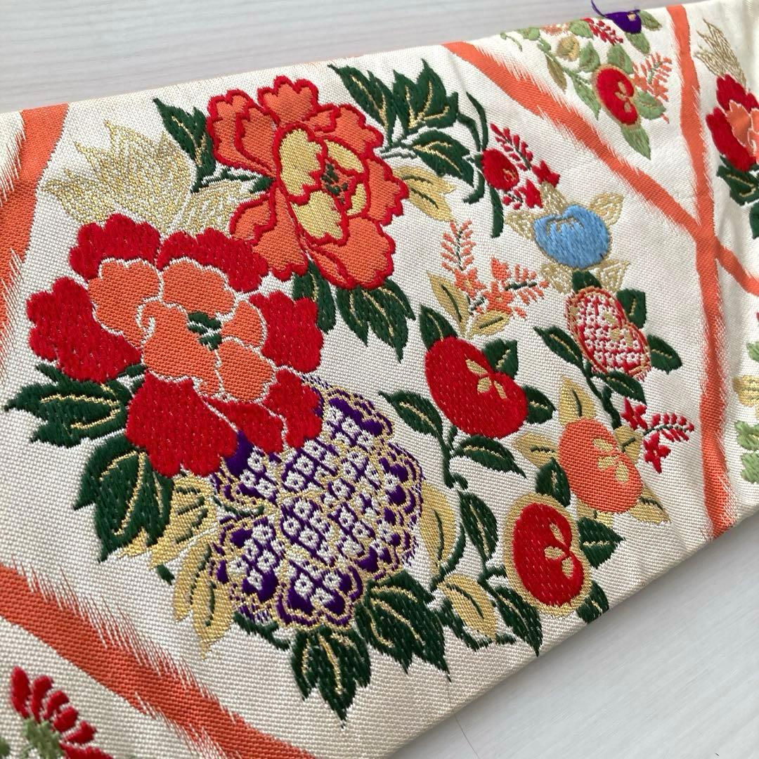 アンティーク名古屋帯　織り出し花模様　アイボリー　正絹　大正ロマンNo.28