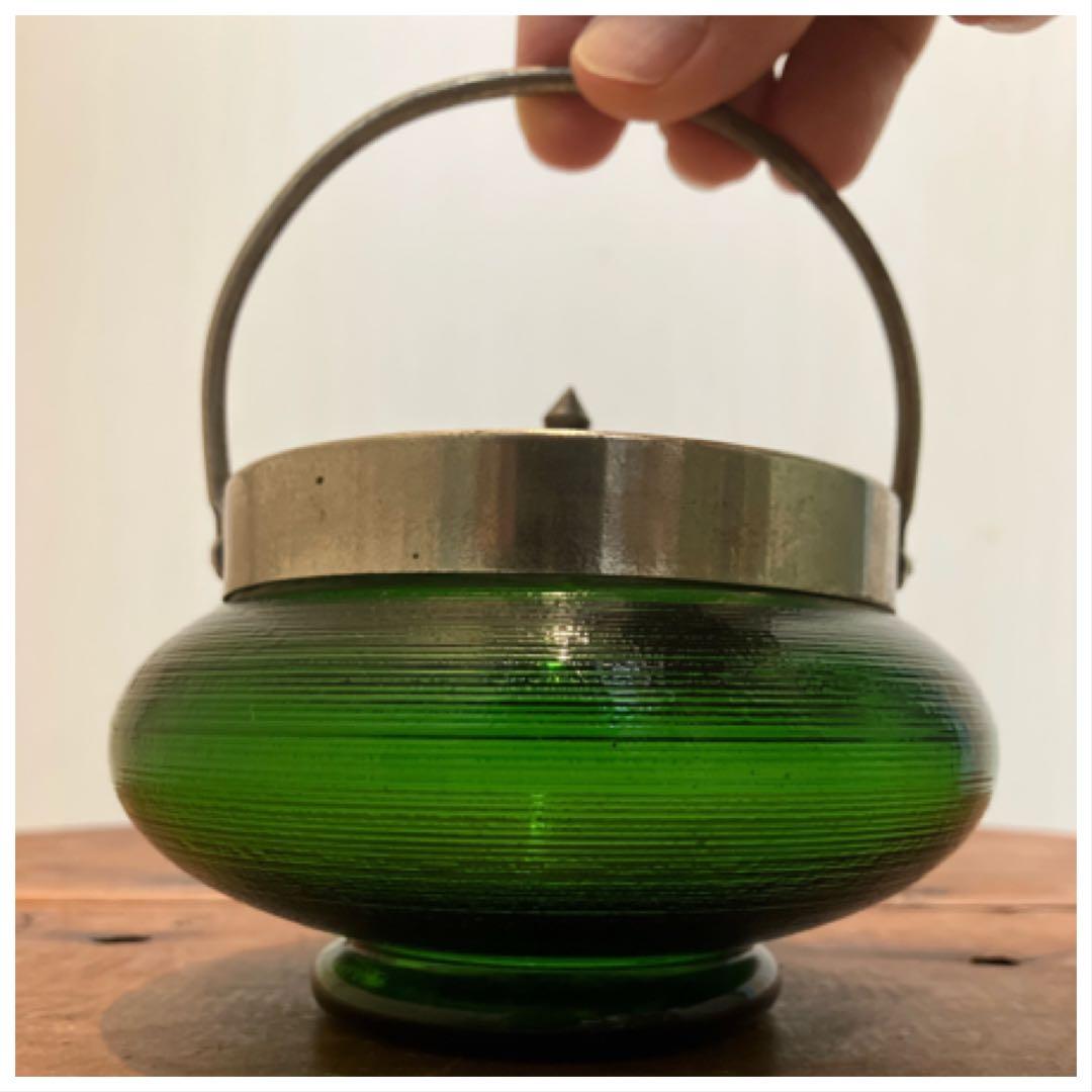 ◆◆専用◆◆濃緑色の大きめガラスシュガーポット◇レトロ◇大正ガラス◇戦前ガラス