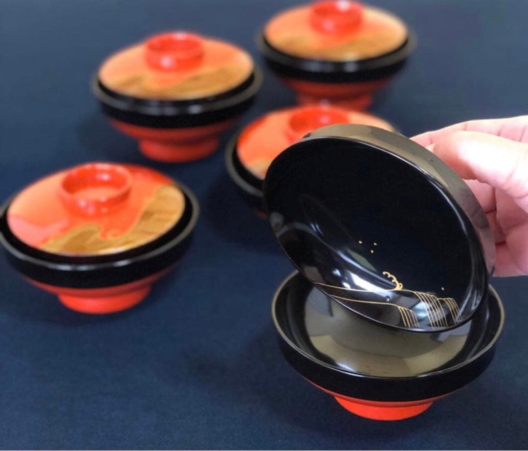 《R》懐石 蒔絵付 洗朱 吸物椀5客 木製漆器 木箱　260107か5