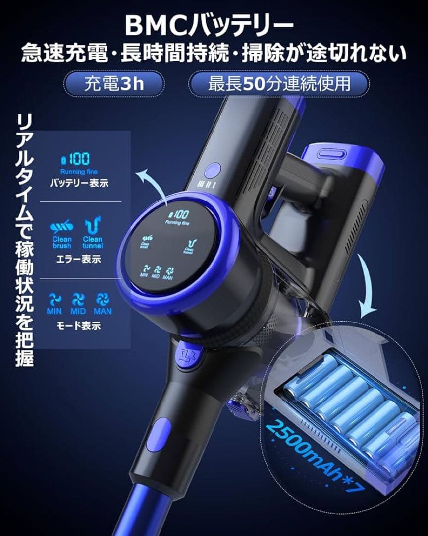 新品 掃除機 コードレス 腰痛ゼロ設計 50000Pa超強力吸引+50分連続稼働