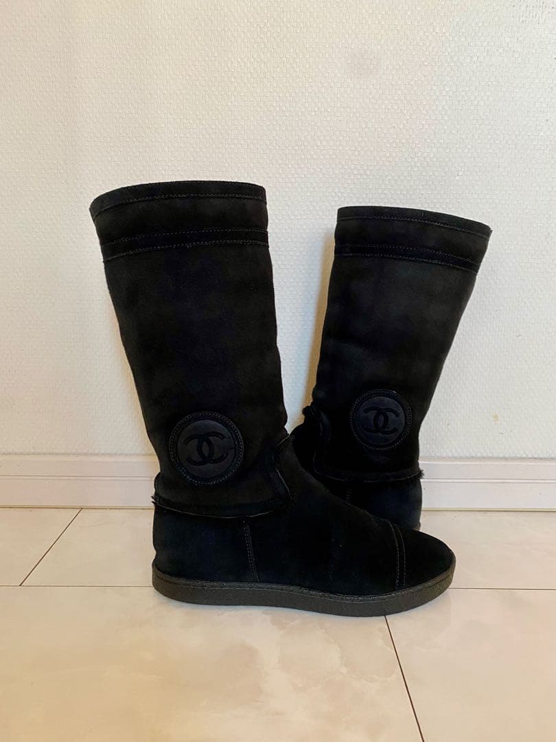 シャネル ムートン フラット ブーツ 黒 37 24cm ブラック CHANEL