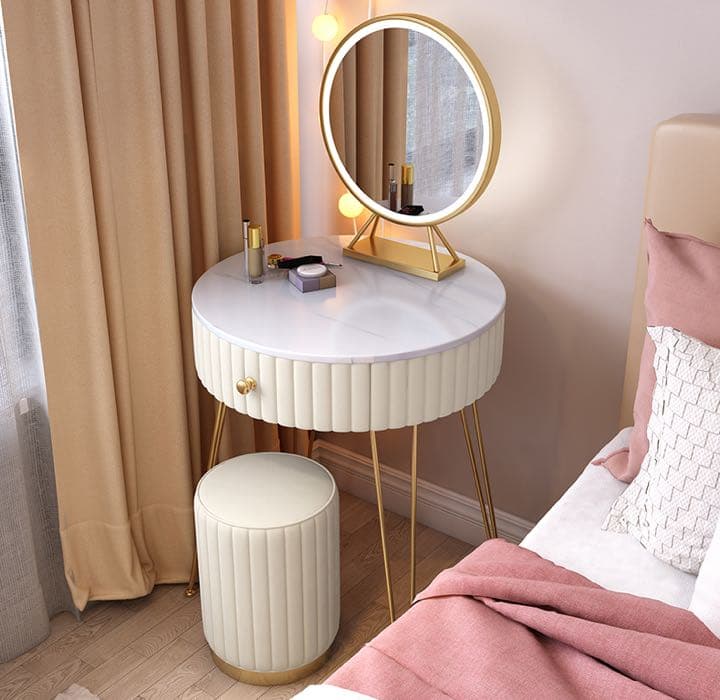 女性大人気　ピンク　可愛い　円型オシャレドレッサー　LED三段ミラー　椅子セット