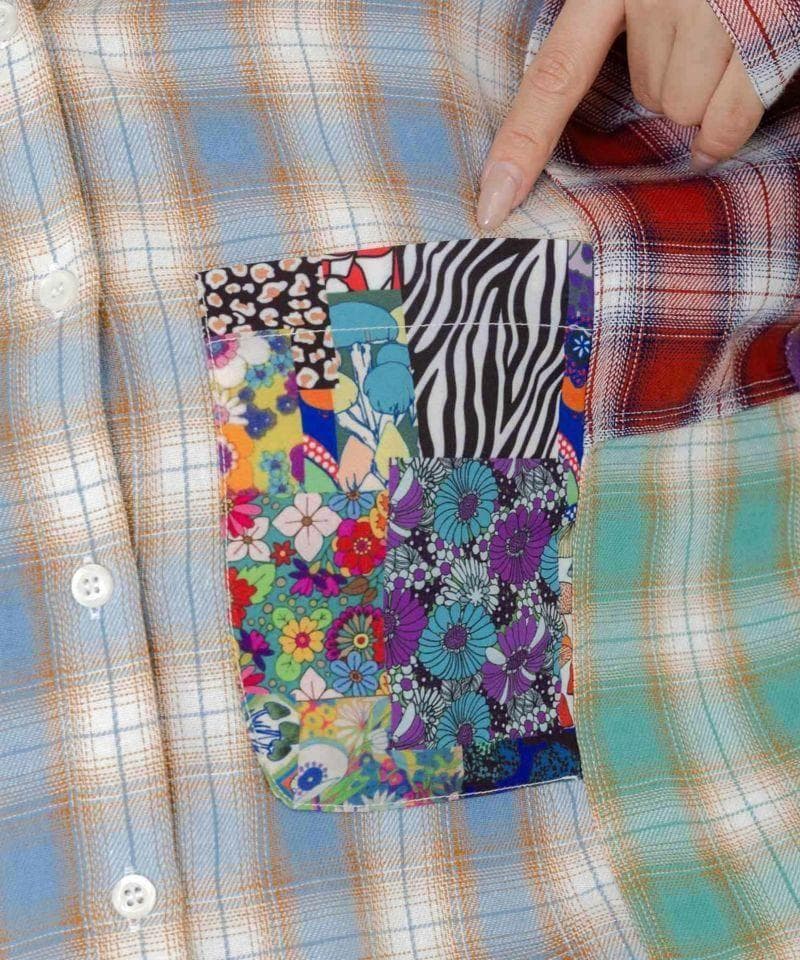 ScoLar 153687：チェックと総柄のアシメパッチワークシャツ