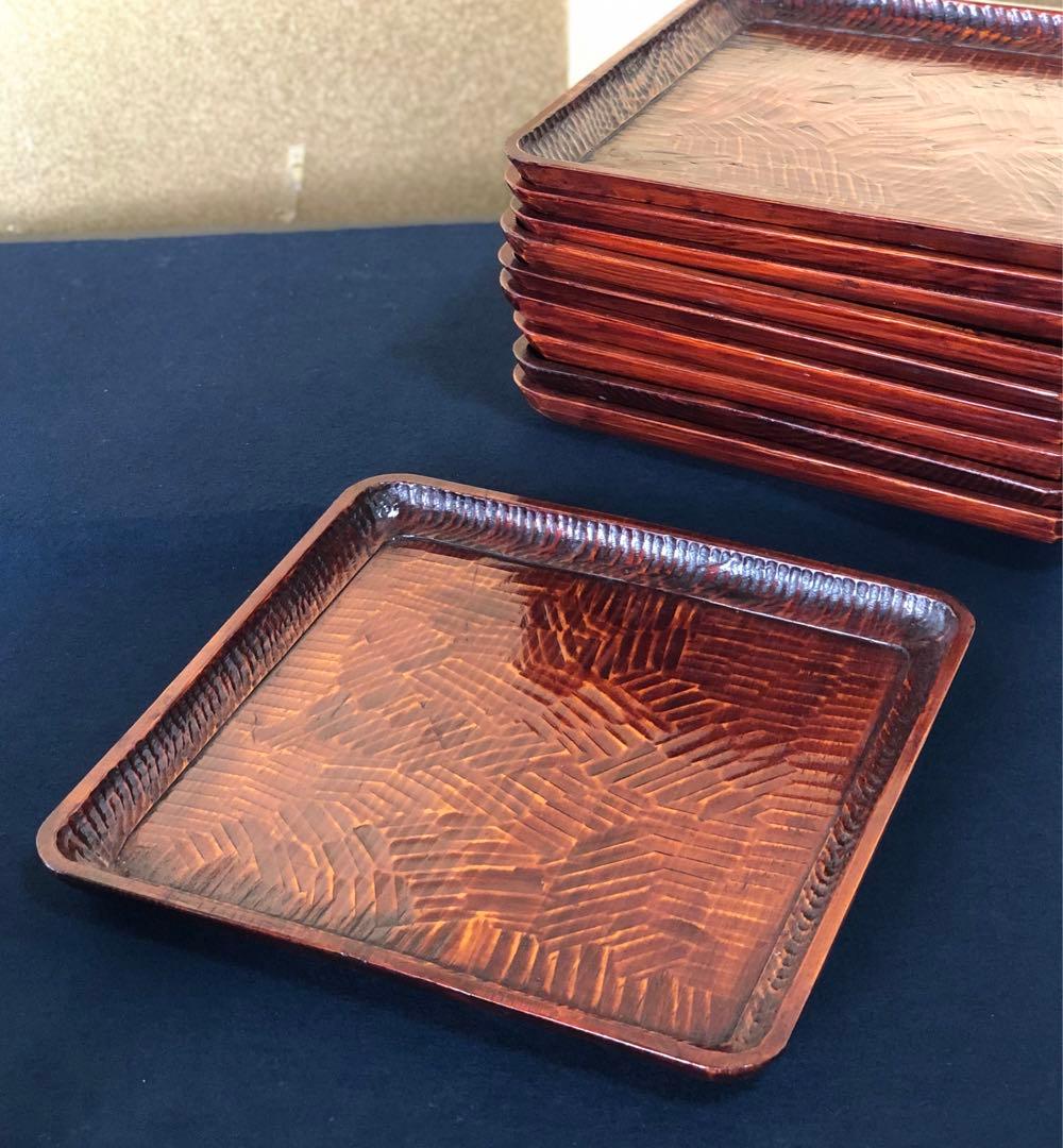 割引❣️《レ》伝統工芸 讃岐彫 四方膳10客 讃岐盆 銘々膳 木箱251024い6