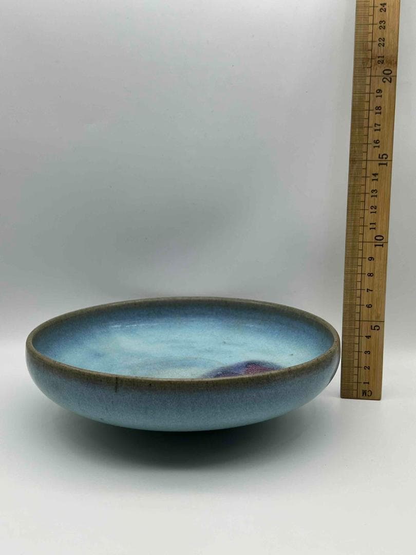 宋時代　青磁 鈞窯青釉飛紫紅斑盤　【旧家蔵出し】　窯変釉　辰砂皿(E-93)