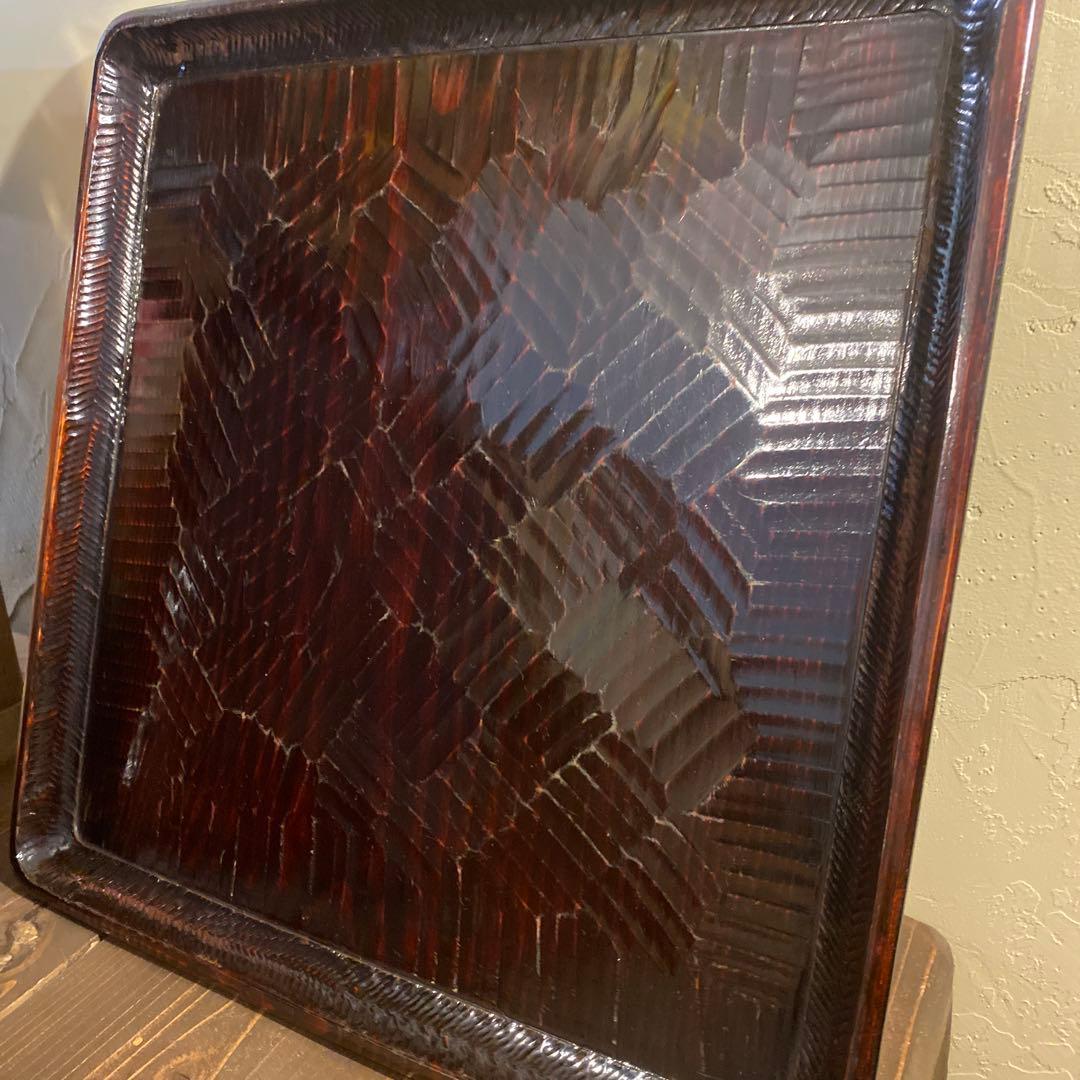 讃岐盆 木製彫刻模様入り正方形 お盆トレー　2つセット