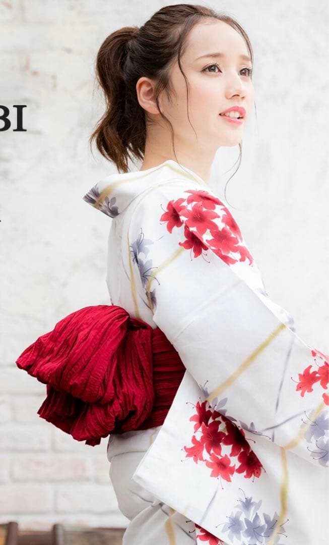 浴衣・帯・下駄3点セット　赤　白　グレー　つつじ　花柄
